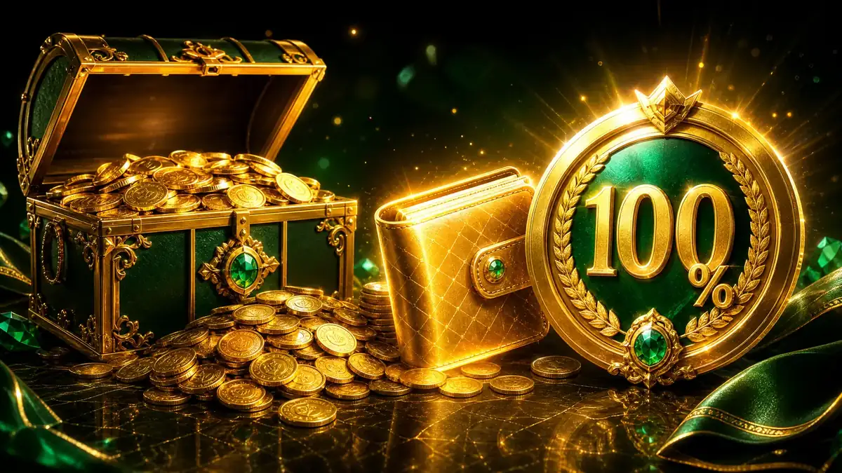 Ilustrasi peti harta karun emas dengan medali bonus 100 persen