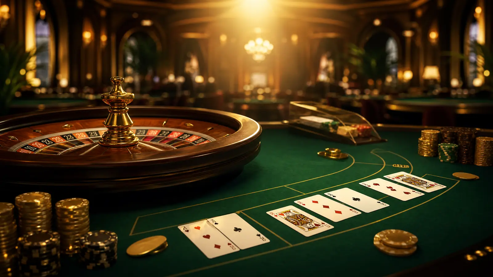 Ilustrasi meja live casino dengan roda roulette dan kartu baccarat