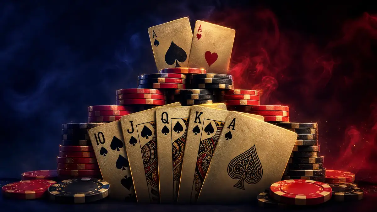 Ilustrasi kartu royal flush dan tumpukan chip poker