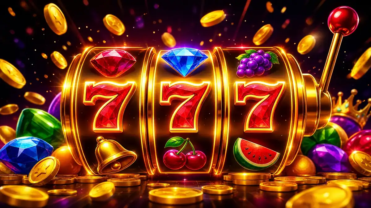 Ilustrasi mesin slot online dengan gulungan 777 dan koin emas
