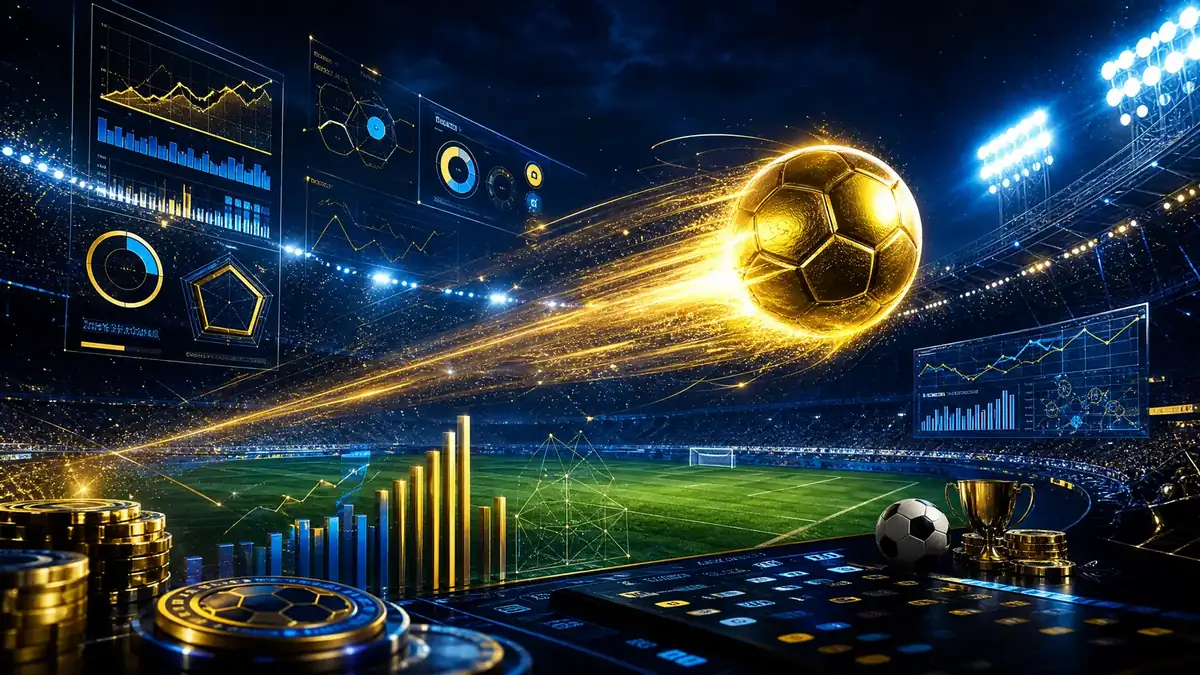Ilustrasi bola emas dengan grafik statistik dan stadion