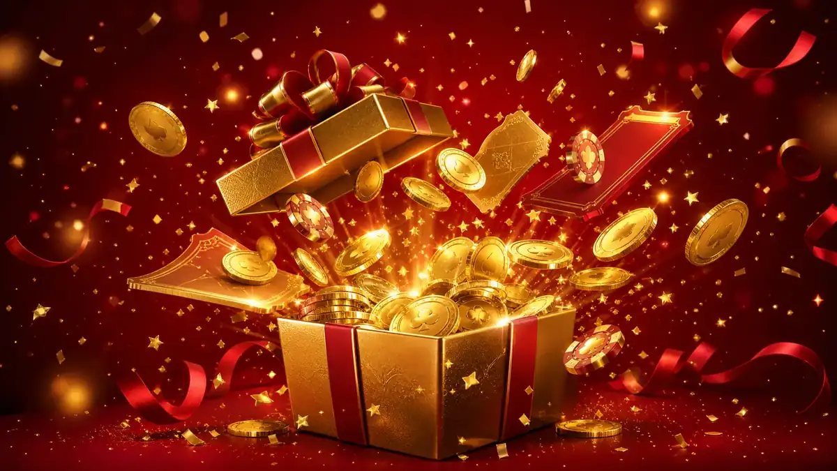 Ilustrasi kotak hadiah emas berisi koin bonus promosi