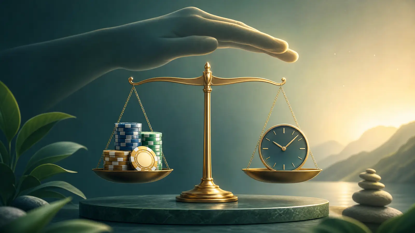 Ilustrasi timbangan emas menyeimbangkan chip kasino dan waktu